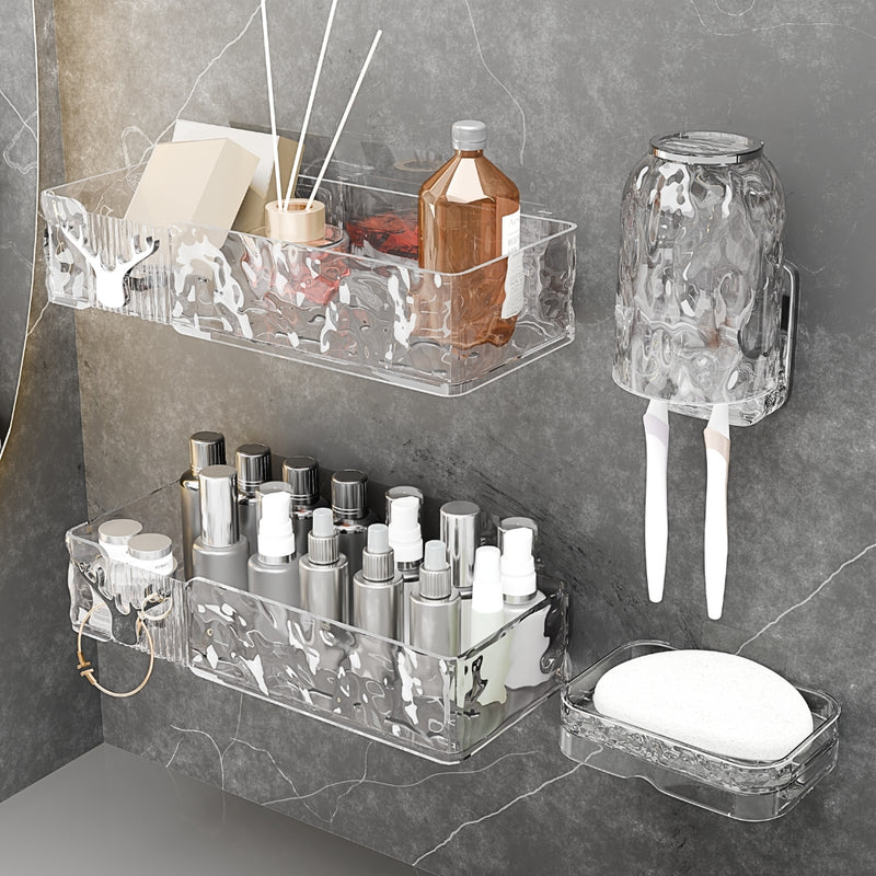 Acrylic Shower Shelves with Soap Dish & Toothbrush Holder, Clear Plastic Shower Caddy, Adhesive Bathroom Organizer Wall Mount, No Drill Installation 4 Pack