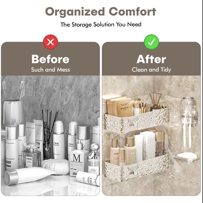 Acrylic Shower Shelves with Soap Dish & Toothbrush Holder, Clear Plastic Shower Caddy, Adhesive Bathroom Organizer Wall Mount, No Drill Installation 4 Pack