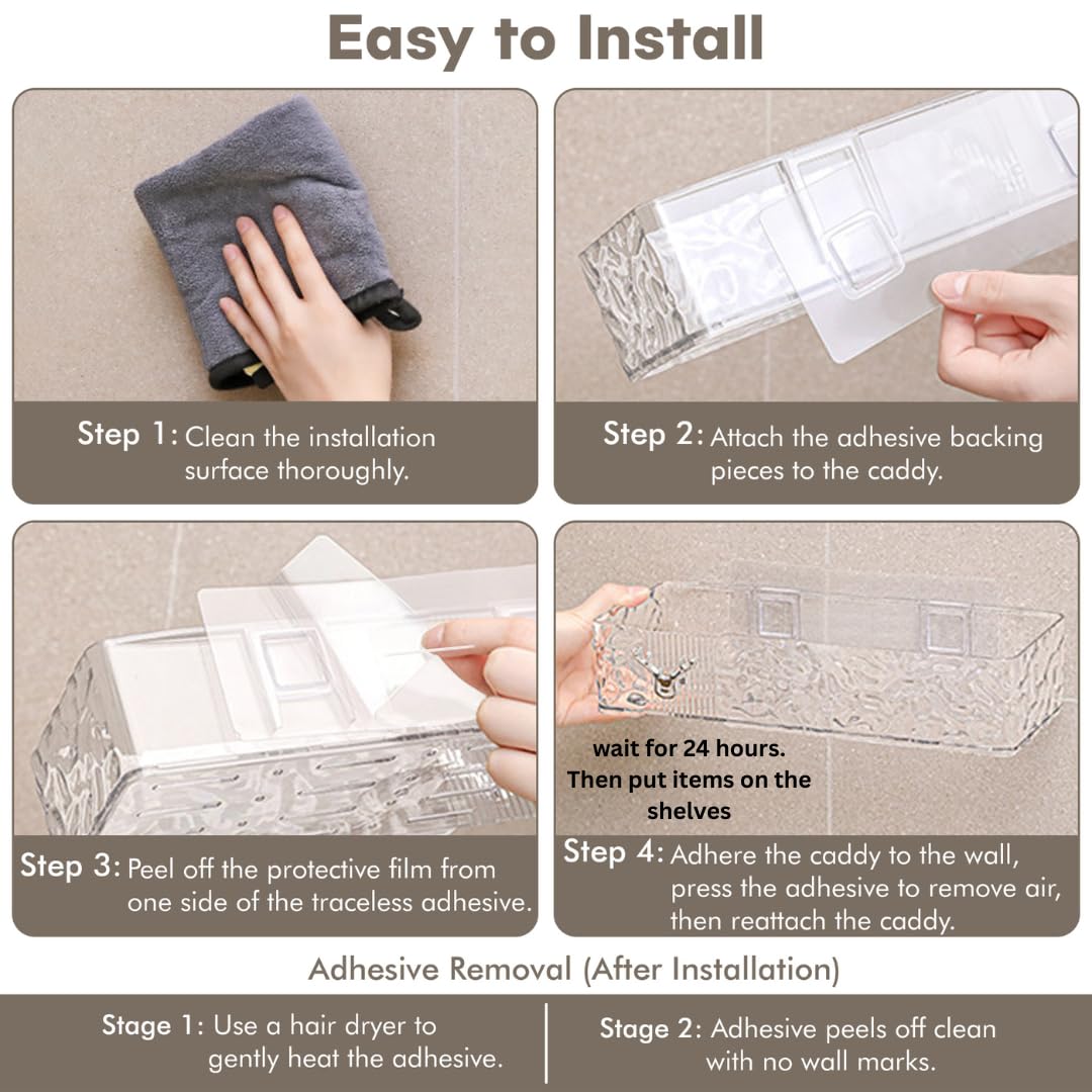 Acrylic Shower Shelves with Soap Dish & Toothbrush Holder, Clear Plastic Shower Caddy, Adhesive Bathroom Organizer Wall Mount, No Drill Installation 4 Pack