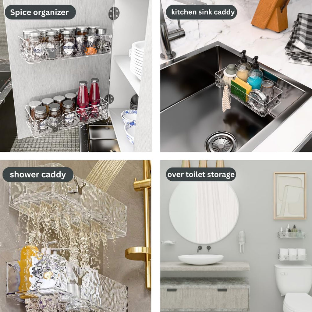 Acrylic Shower Shelves with Soap Dish & Toothbrush Holder, Clear Plastic Shower Caddy, Adhesive Bathroom Organizer Wall Mount, No Drill Installation 4 Pack