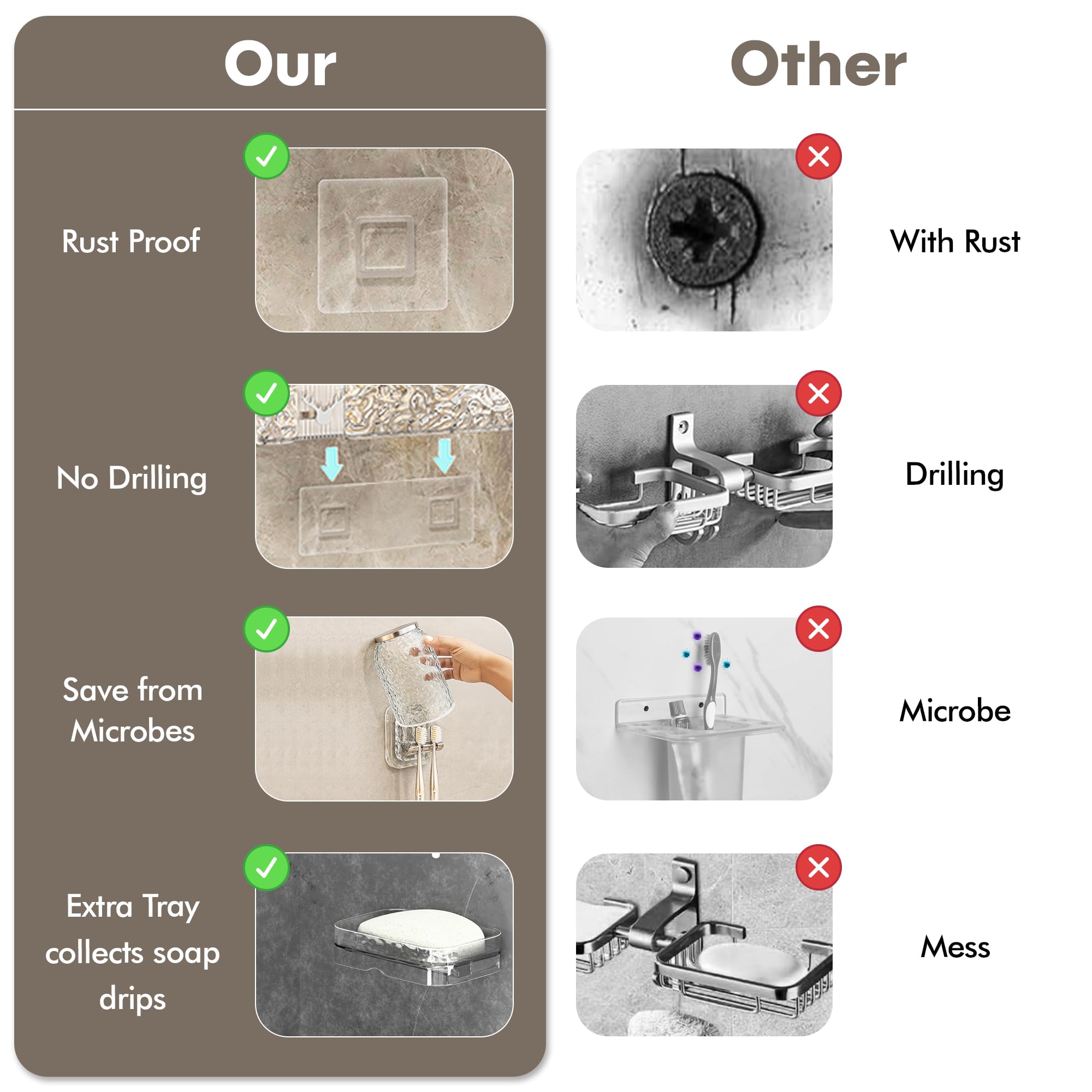 Acrylic Shower Shelves with Soap Dish & Toothbrush Holder, Clear Plastic Shower Caddy, Adhesive Bathroom Organizer Wall Mount, No Drill Installation 4 Pack