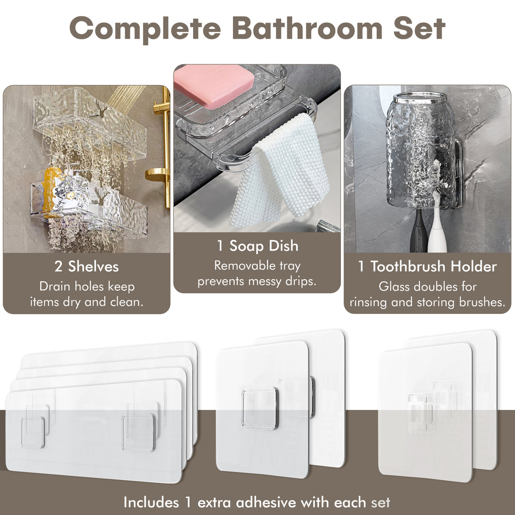 Acrylic Shower Shelves with Soap Dish & Toothbrush Holder, Clear Plastic Shower Caddy, Adhesive Bathroom Organizer Wall Mount, No Drill Installation 4 Pack