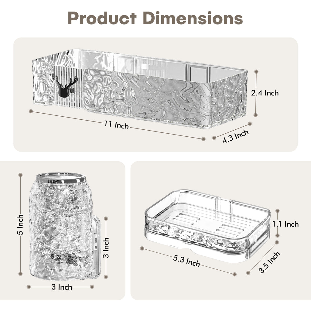 Acrylic Shower Shelves with Soap Dish & Toothbrush Holder, Clear Plastic Shower Caddy, Adhesive Bathroom Organizer Wall Mount, No Drill Installation 4 Pack